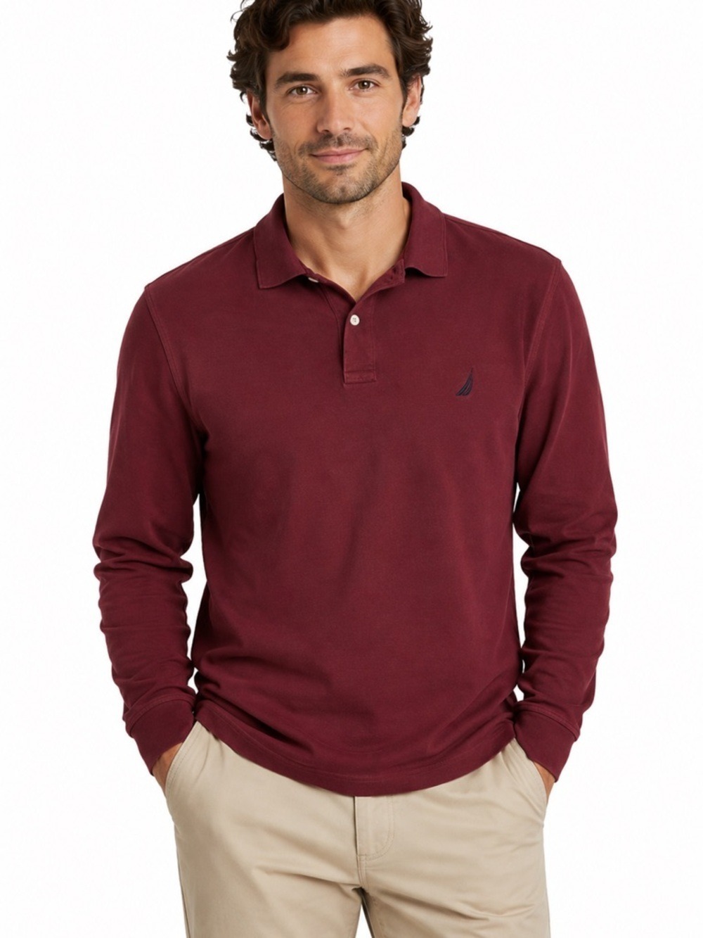Nautica Polo Shirt Men’s Burgundy Long Sleeved Casual Collegiate Activewear